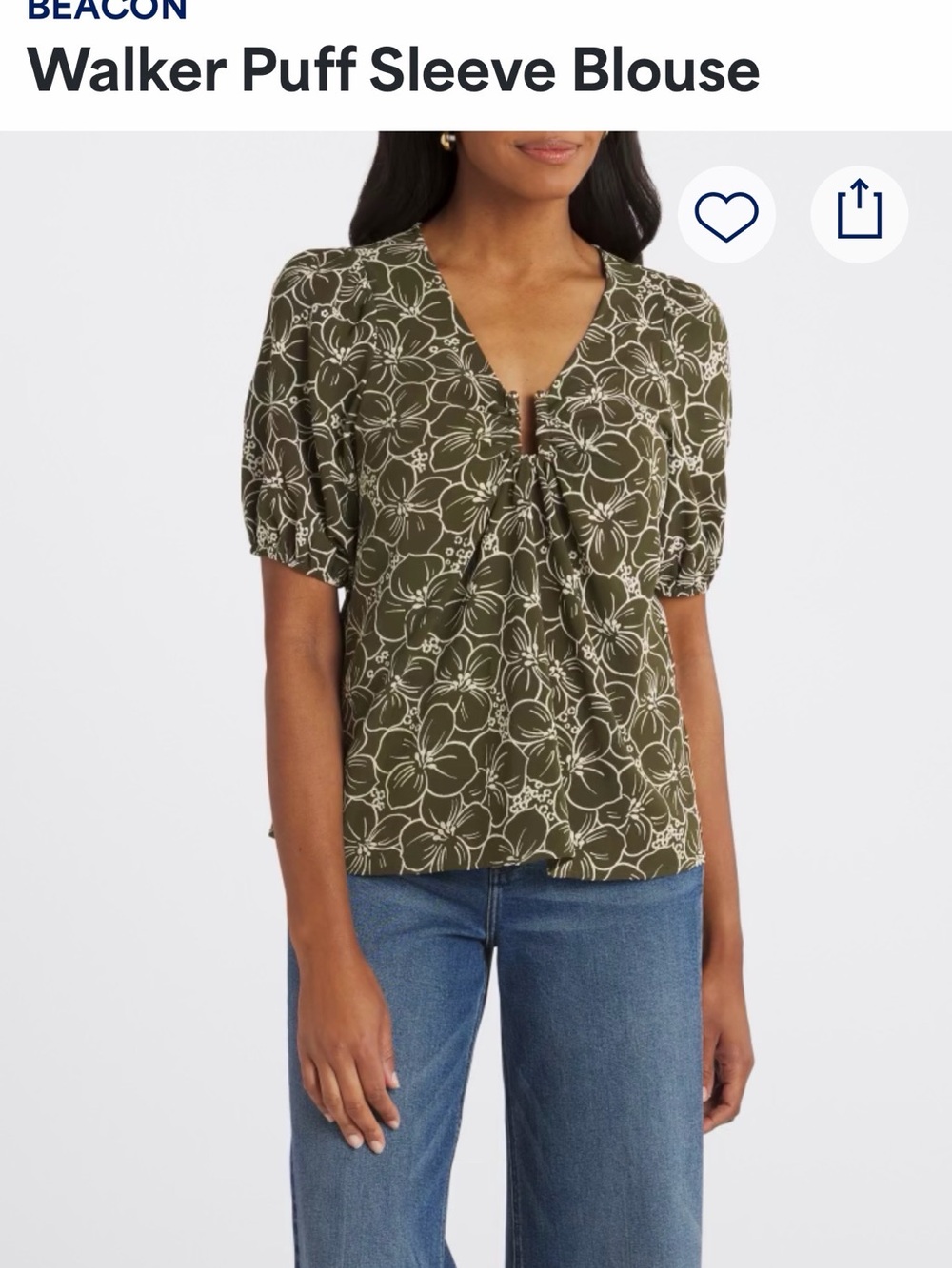 Beacon Olive Floral Tie-Neck Puff Sleeve Blouse
